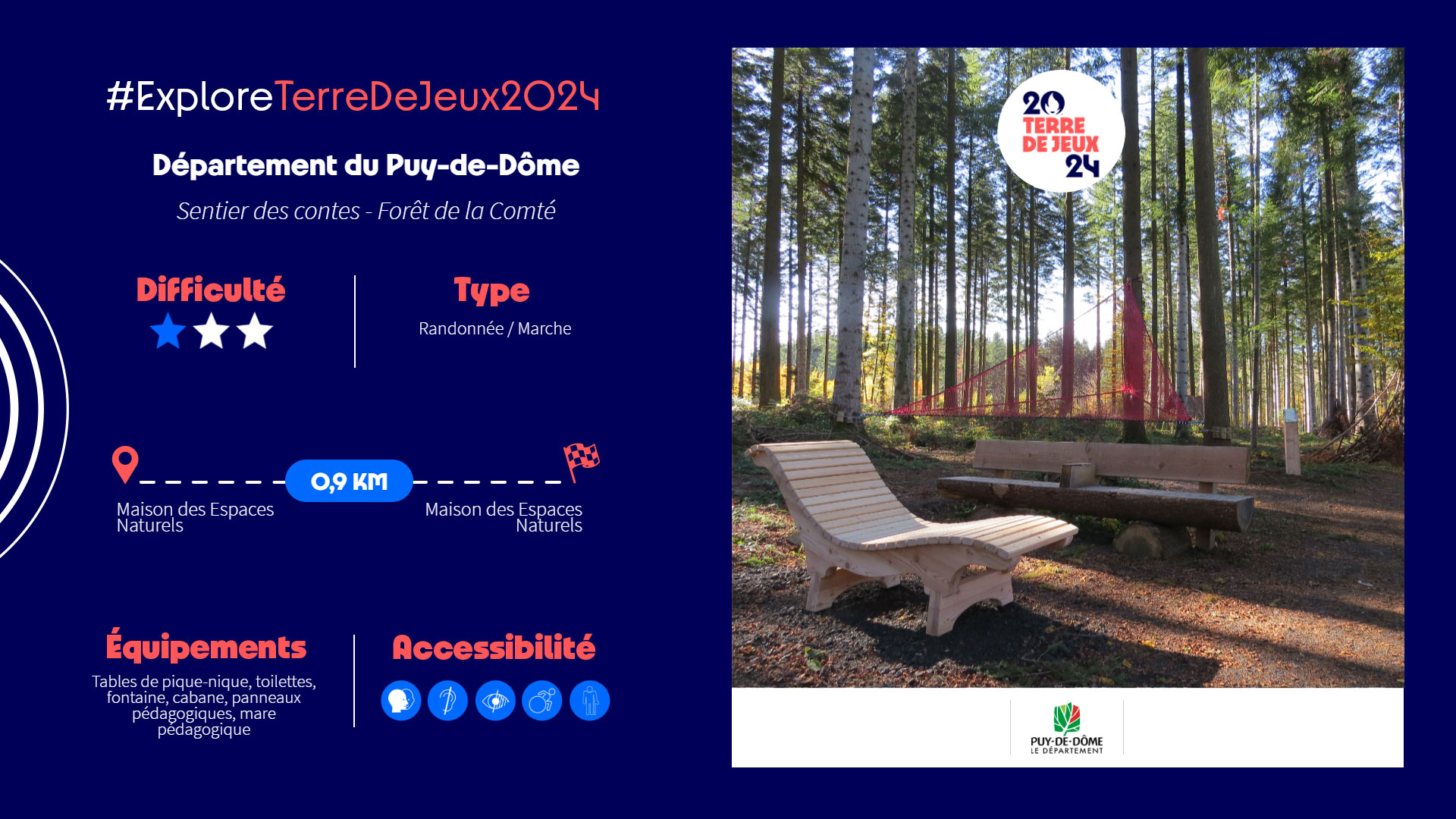 #ExploreTerreDeJeux2024 D&eacute;partement du Puy-de-D&ocirc;me Sentier des contes For&ecirc;t de la Comt&eacute;. Difficult&eacute; : facile. Type : randonn&eacute;e / marche. Distance 0,9 km. Equipement : tables de pique-nique, toilettes, fontaine, cabane, panneaux p&eacute;dagogiques, mare p&eacute;dagogique. Accessible &agrave; tous les publics.