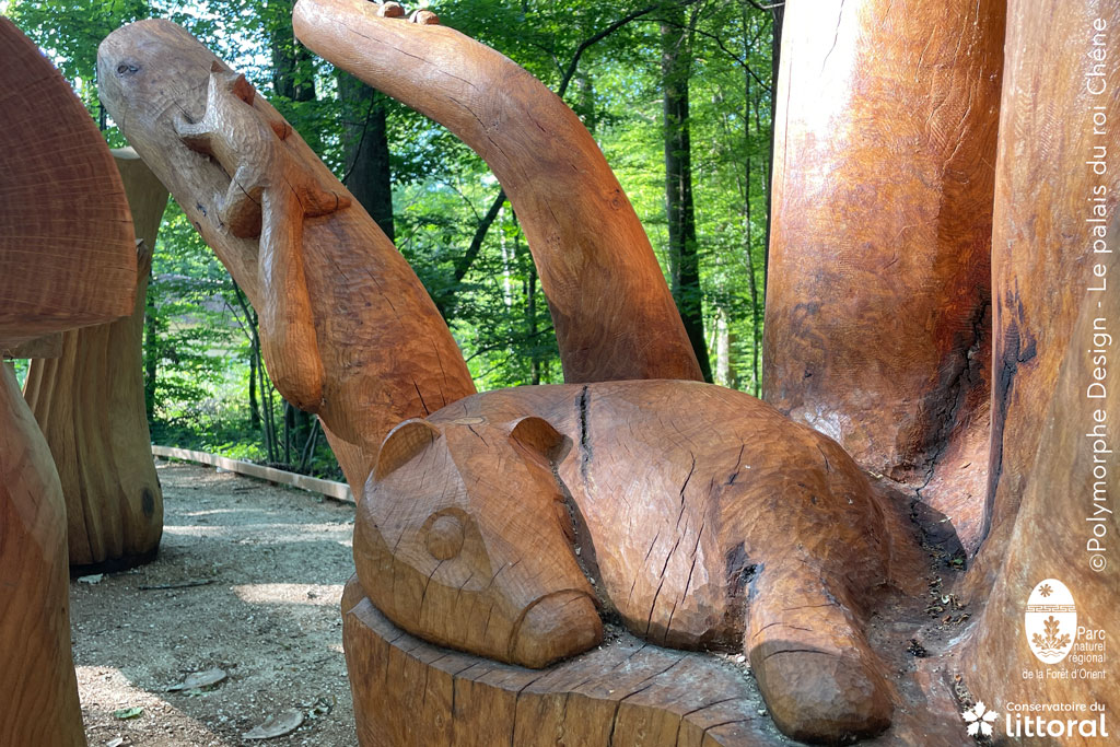 Sculpture tactile p&eacute;dagogique : la faune de la for&ecirc;t, avec l'empl&eacute;matique blaireau et le curieux &eacute;cureuil.