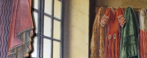 D&eacute;tail de l'huille sur toile : lumi&egrave;re et motifs de tissus.